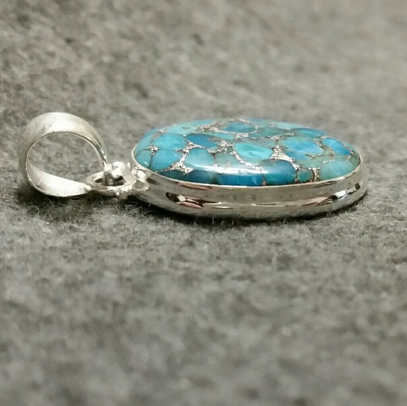 925 Silver Wide Oval Copper Blue Turquoise Pendant - Picture 3 of 7